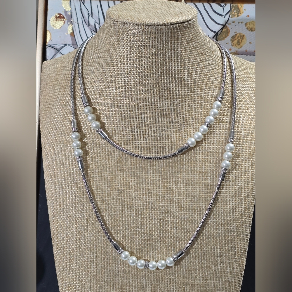 Givenchy Silvertone Faux Pearl Swarovski Crystals Snakechain Necklace